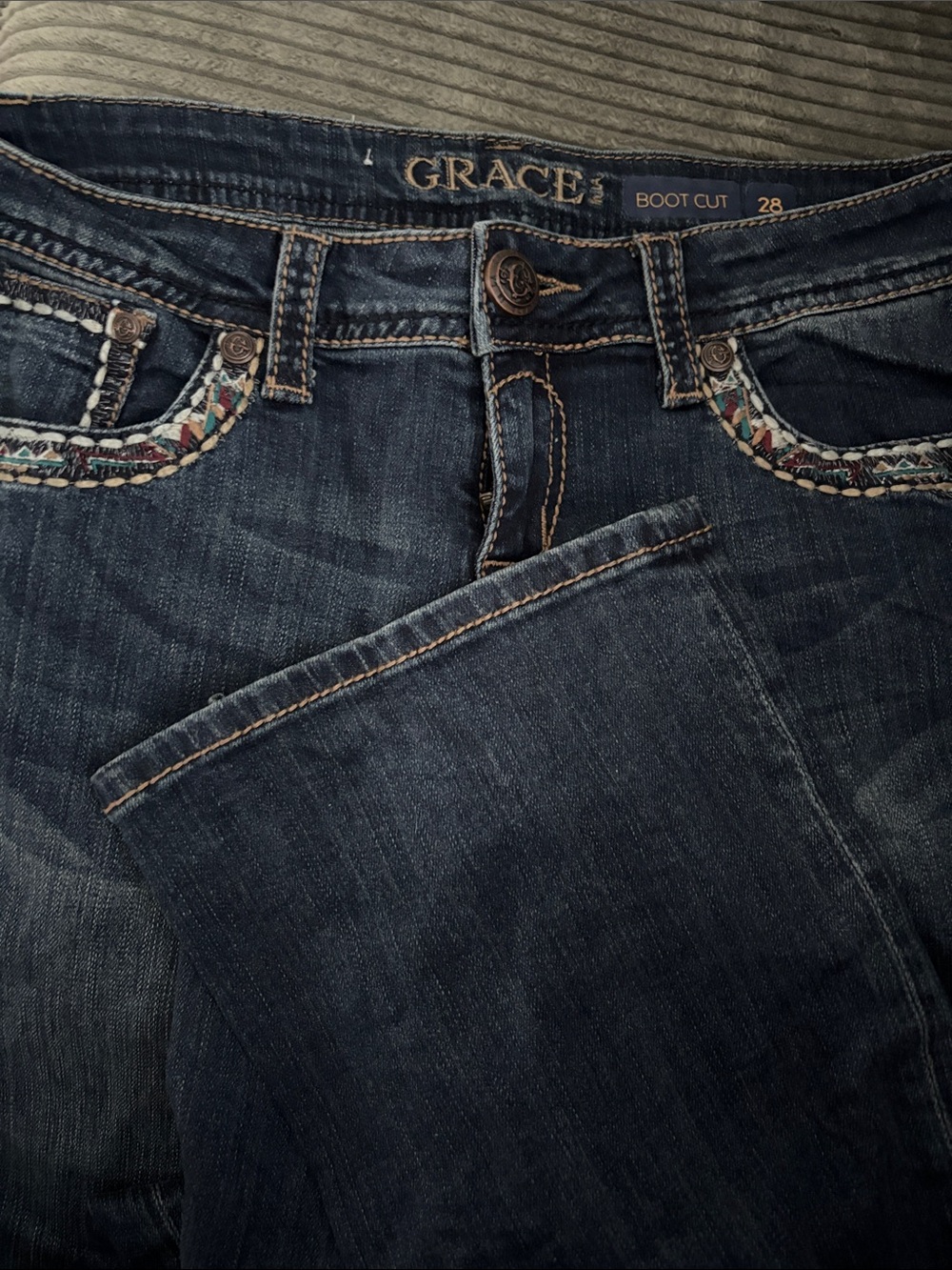 GRACE Women's Boot Cut Jeans - Indigo with Embroidered Pocket Detail